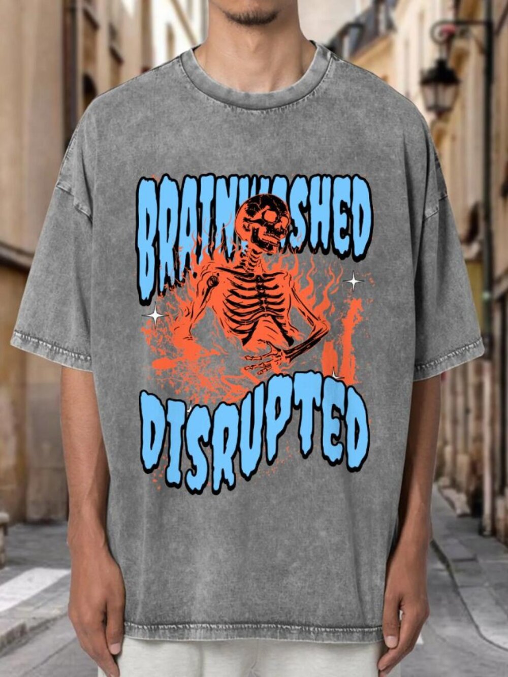Brainwashed Disrupted Skeleton Flame Punk Streetwear T-shirt MVUI27HHUL02